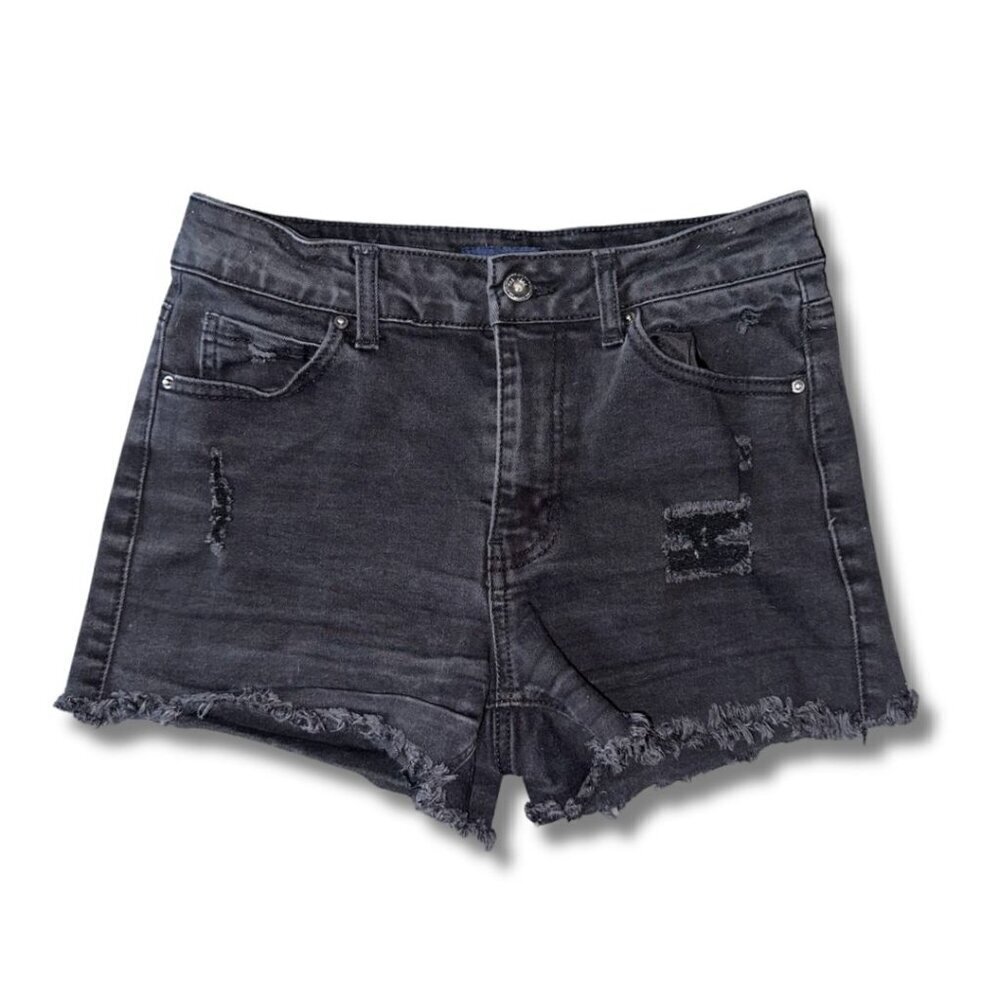 Wax Jean LA Medium Women's Black Distressed Cut Off Denim Shorts Mid Rise